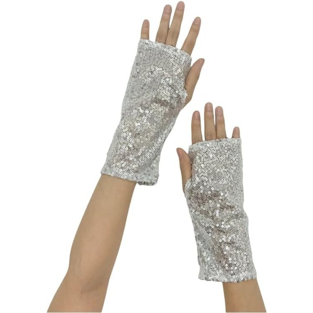 Women's C-Silver Fashion Evening Sparkly Glitter Sequins Lace Gloves Party Prom